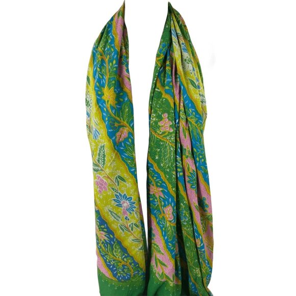 The World Market Green Paisley Wrap Scarf Pink Floral Tassel - Picture 1 of 5